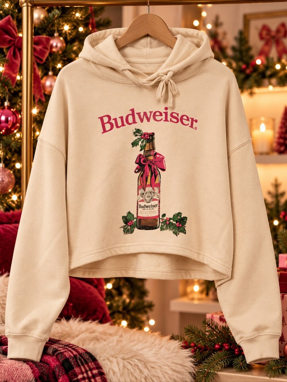 Budweiser Holiday Cropped Hoodie Women’s L Cream Christmas Beer Graphic NEW